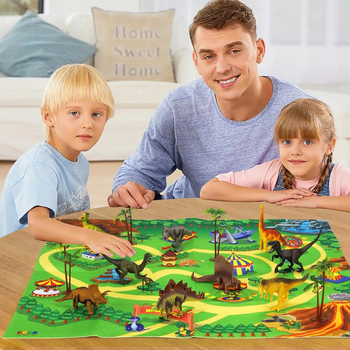 Man with two children playing with a dinosaur toy set on a map