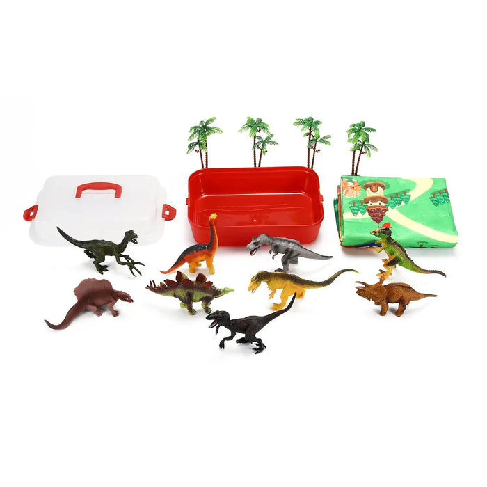 Set of toy dinosaurs with a red carrying case on a white background
