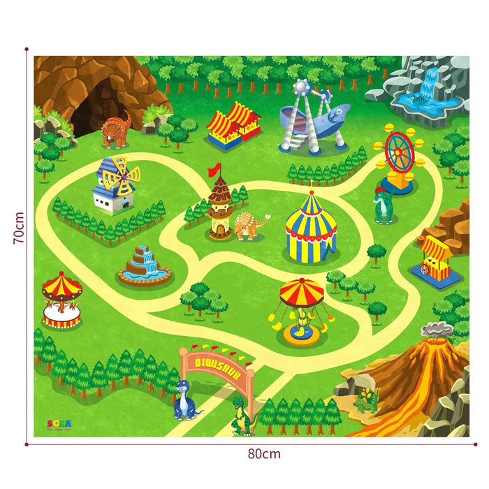Children's play mat with cartoon amusement park design, featuring various attractions and trees.