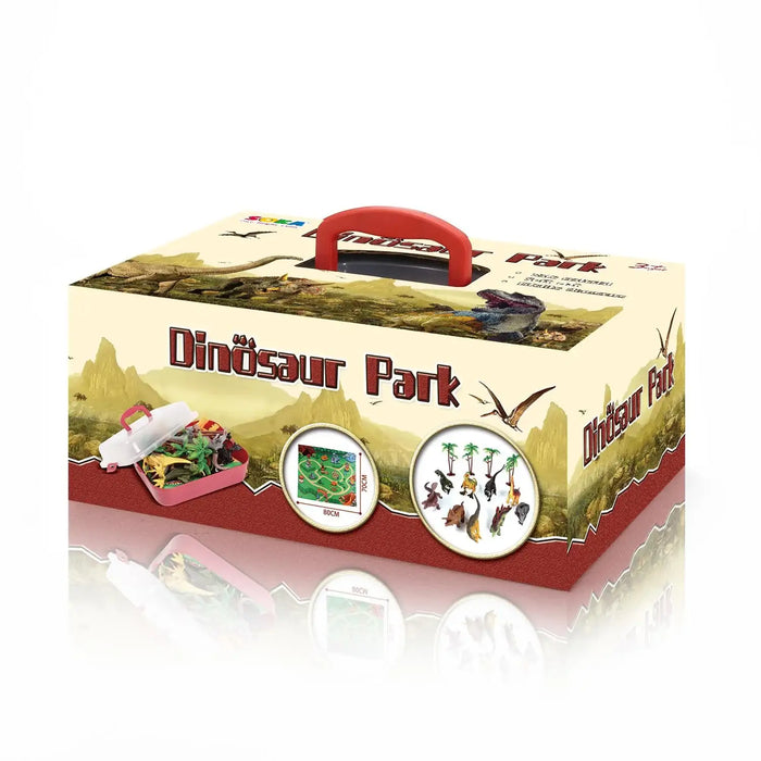 Dinosaur Park toy set packaging with images of dinosaurs and a red handle on a white background