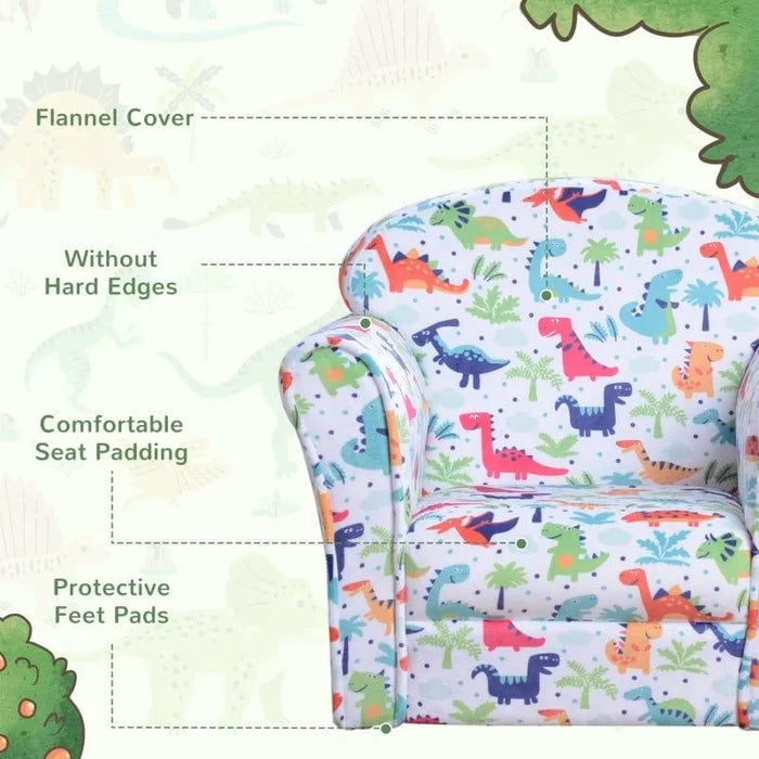 Colorful dinosaur-themed kids armchair with flannel cover, padded seat, and protective feet