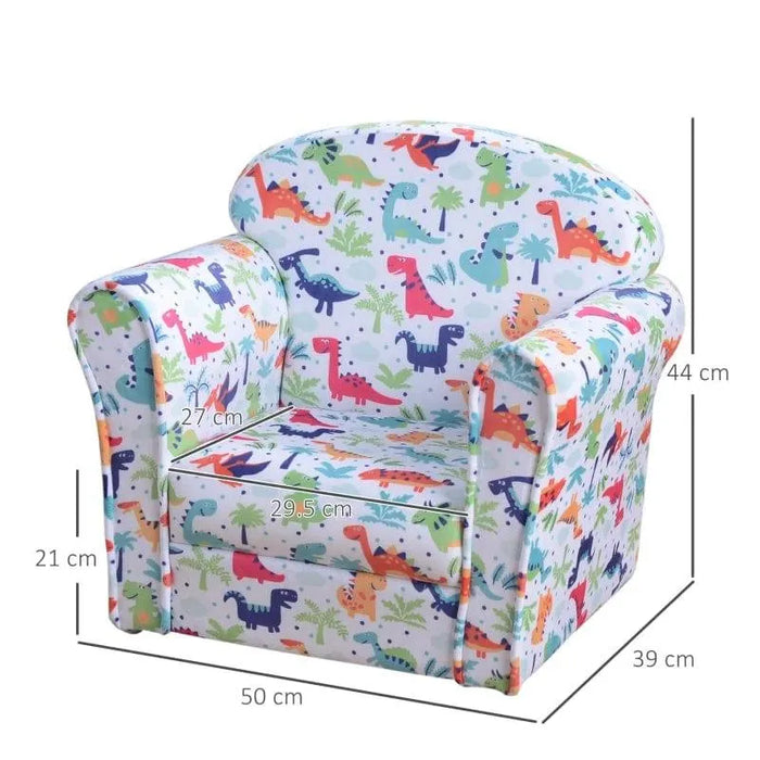Colorful dinosaur kids armchair with measurements, toddler chair with multicolor dinosaur design