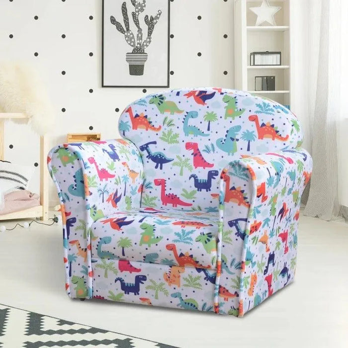 Multicolour dinosaur kids armchair in modern playroom with polka dot walls