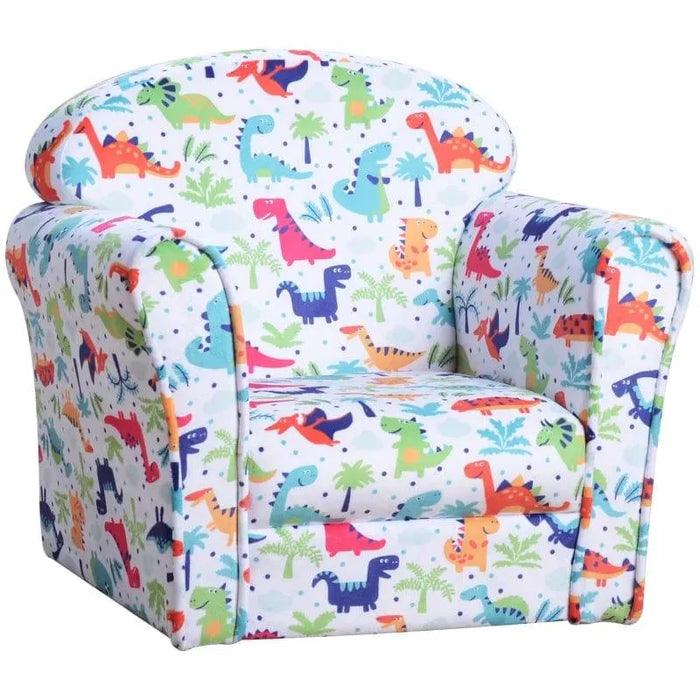 Kids armchair with colorful dinosaur pattern, toddler chair, fun multicolor design