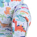Colorful kids armchair with multicolored dinosaur and palm tree pattern upholstery