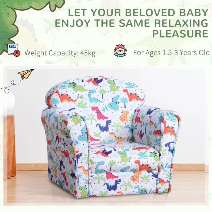 Kids armchair with colorful dinosaur pattern, toddler chair for ages 1.5-3 years.
