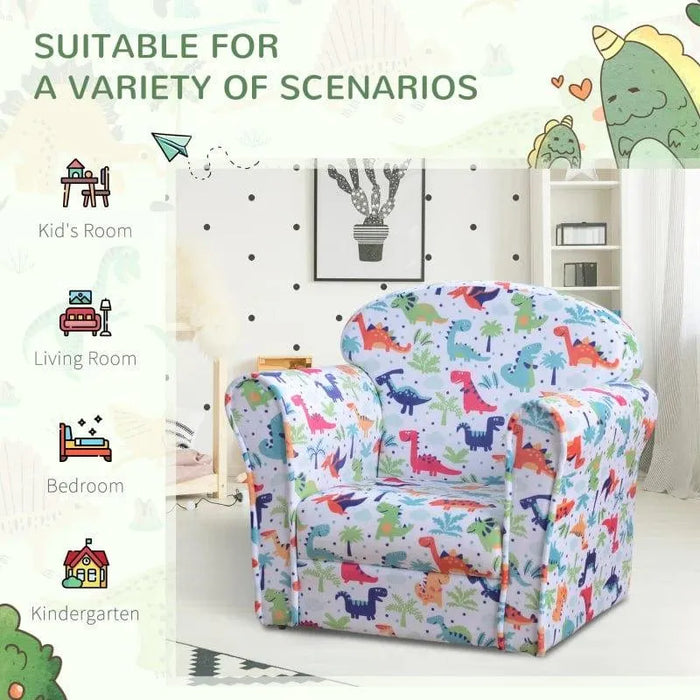 Multicolour dinosaur kids armchair in bright room, toddler chair with fun dinosaur design