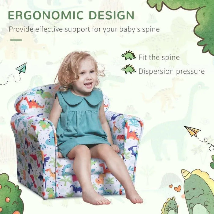 Smiling child sitting on multicolour dinosaur kids armchair with ergonomic design features.