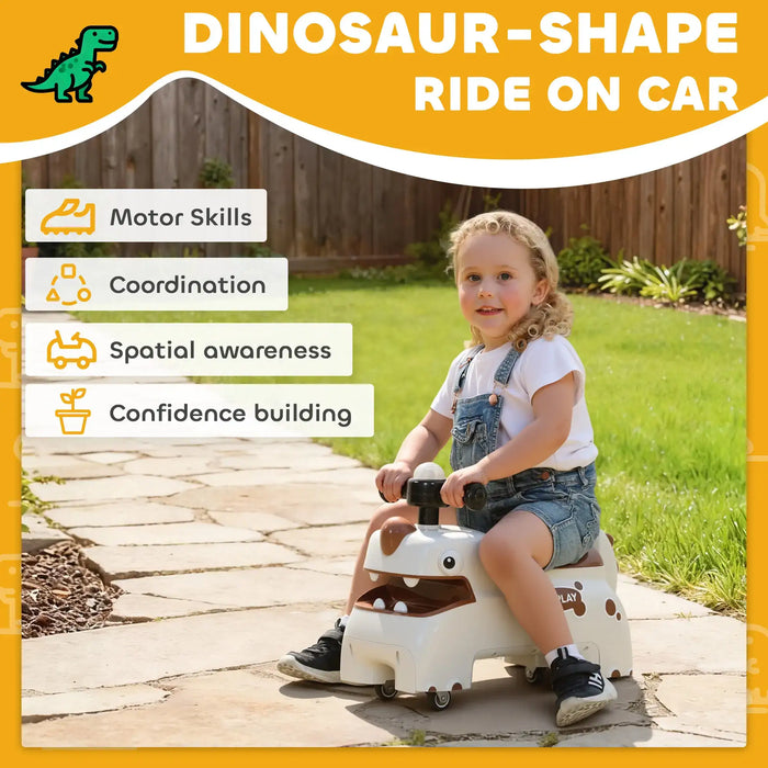 Child riding a dinosaur-shaped ride-on car with outdoor setting