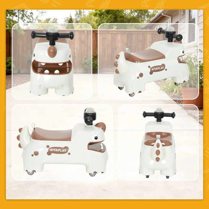Collage of a children's toy horse with brown accents and 'AIYAPLAY' branding, set against an outdoor background.