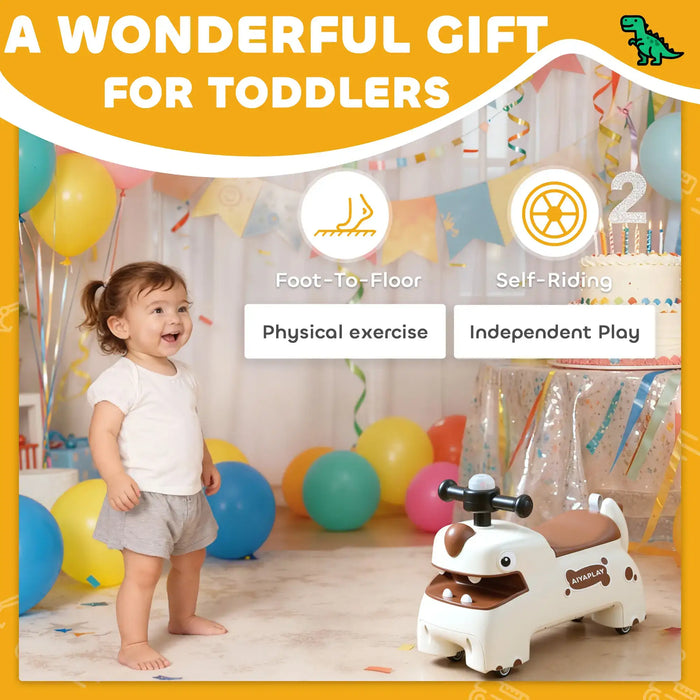 Child with a toy horse in a room decorated for a birthday party, with text highlighting features.