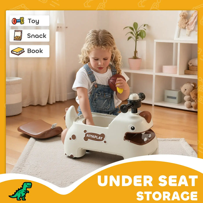 Child playing with a toy horse seat in a room with shelves and plants.