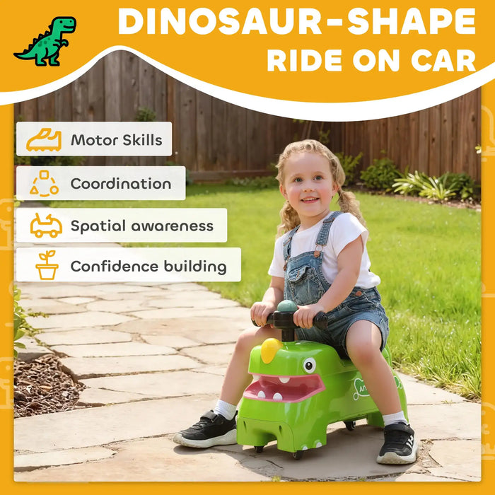 Child riding a dinosaur-shaped ride-on car with outdoor background