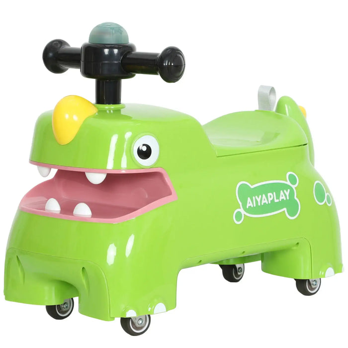 Green toy vehicle with a smiling face on a white background