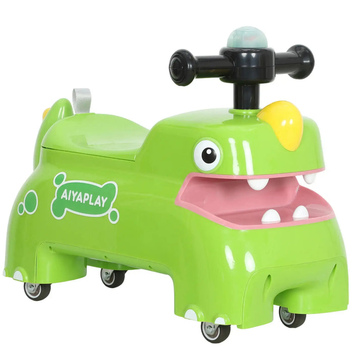 Green children's ride-on toy with a smiling face on a white background
