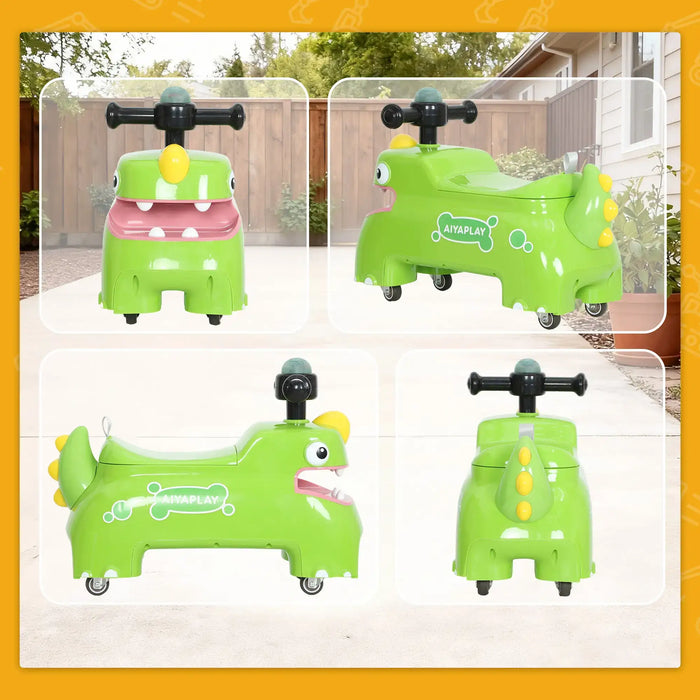 Green children's scooter with cartoon face design on a white background