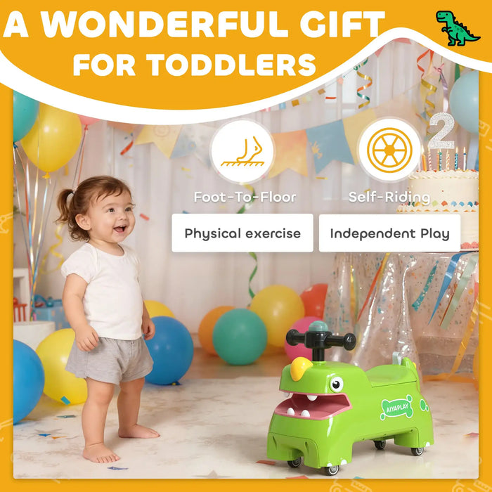 Child with a green toy vehicle in a room with balloons and decorations, labeled as a wonderful gift for toddlers.