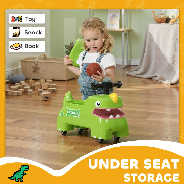 Child playing with a green dinosaur toy on a wooden floor, with text labels for toy, snack, and book.