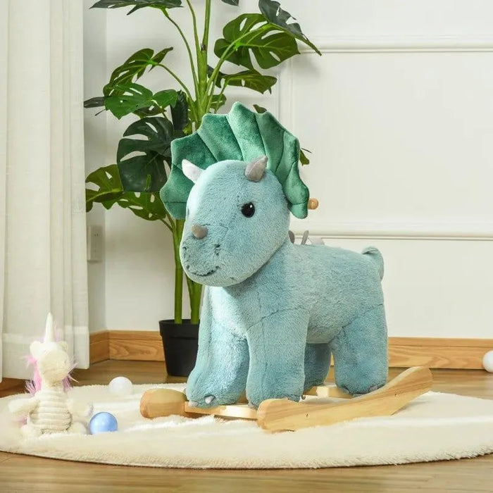 Plush dark green triceratops dinosaur rocking horse with wooden base in cozy kids room