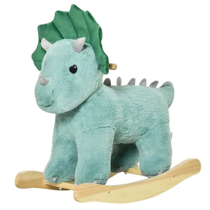 Plush dark green triceratops dinosaur rocking horse toy with wooden base