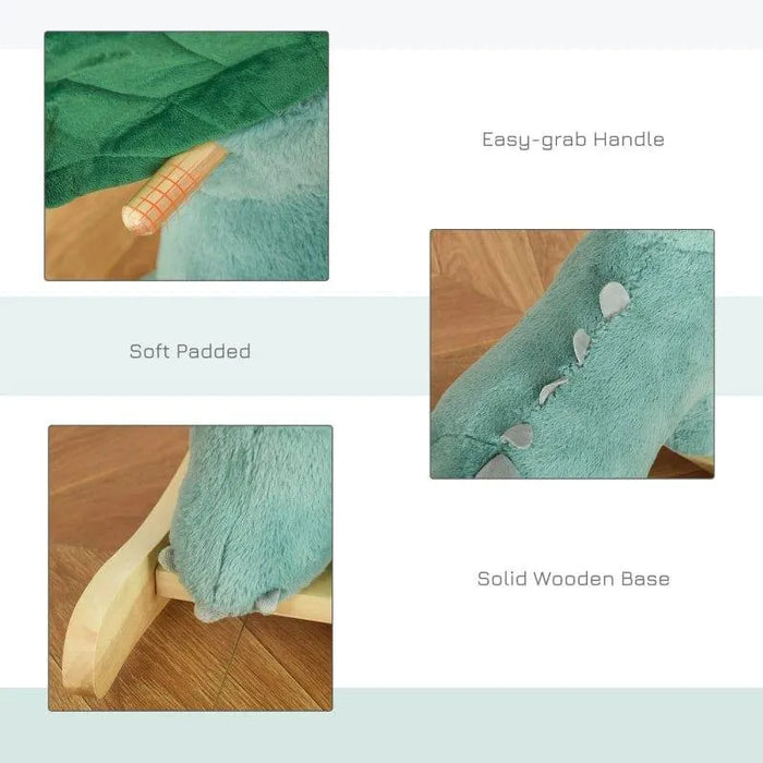 Close-up of green dinosaur rocking horse with soft padded body, easy-grab handle, solid wooden base.