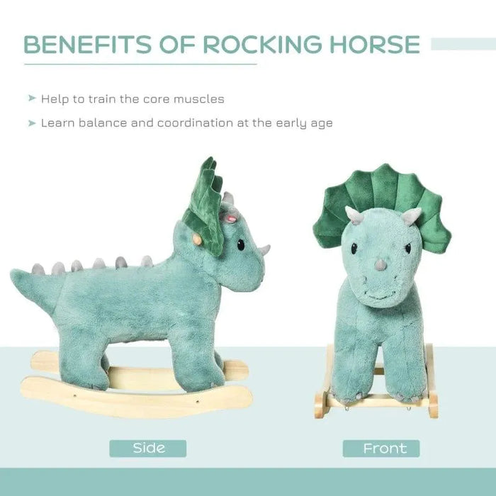 Plush dark green triceratops rocking horse for kids, shown side and front views on wooden base.