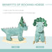 Plush dark green triceratops rocking horse for kids, shown side and front views on wooden base.