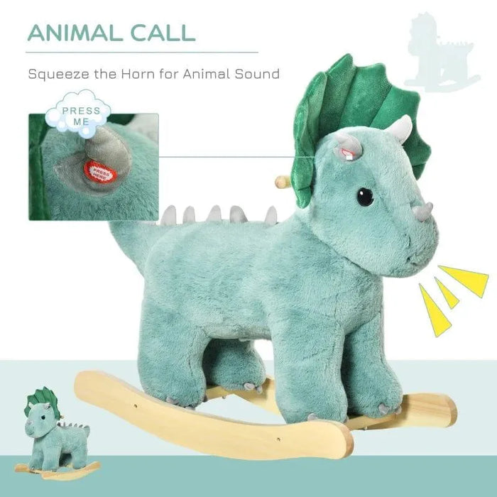 Dark green triceratops dinosaur rocking horse with sound button and wooden base