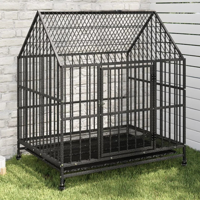 Heavy duty galvanised steel dog cage with wheels for indoor and outdoor use on grass
