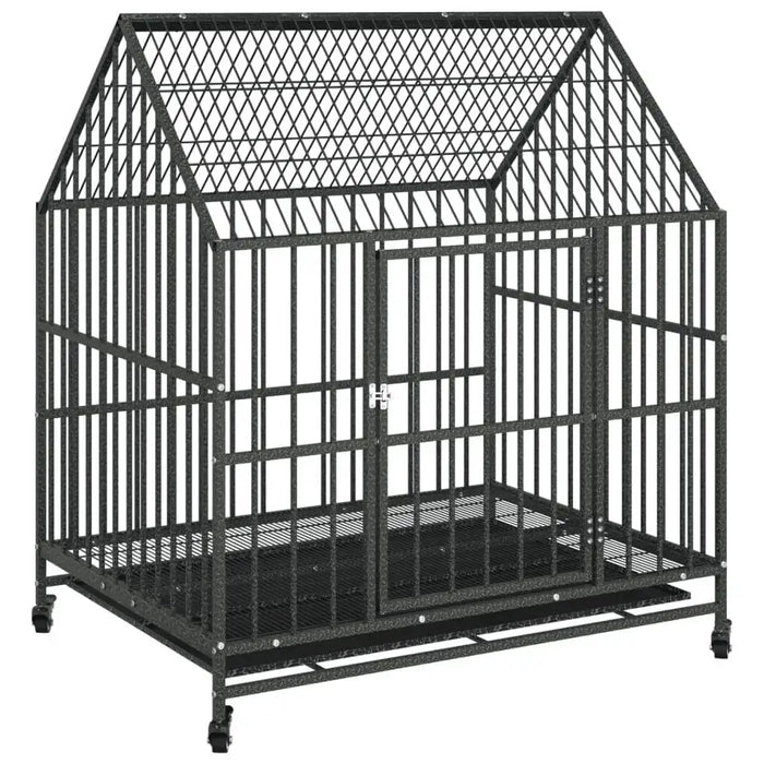 Heavy duty galvanized steel dog cage with wheels and pitched roof for indoor and outdoor use