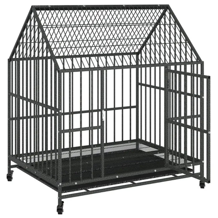 Heavy duty galvanized steel dog cage with wheels and pitched roof, open door, for indoor outdoor use