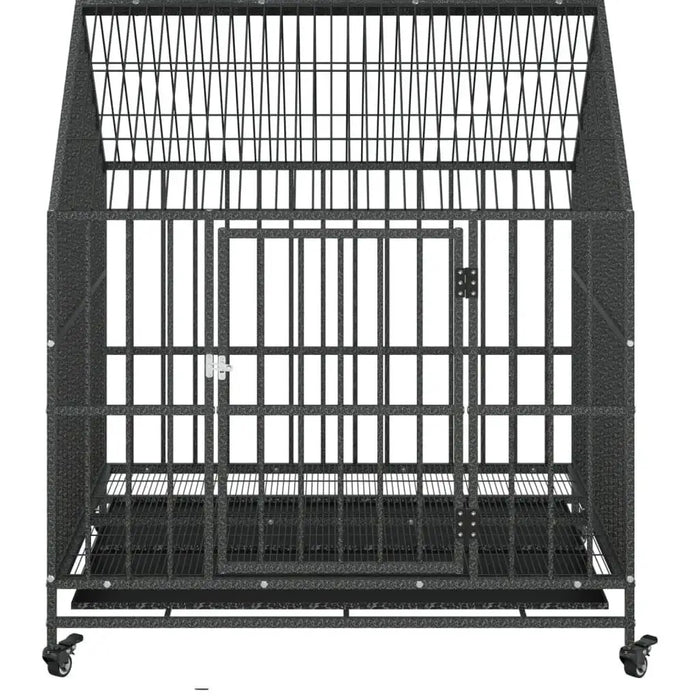 Heavy duty steel dog cage with wheels, secure door, and grated bottom for indoor outdoor use