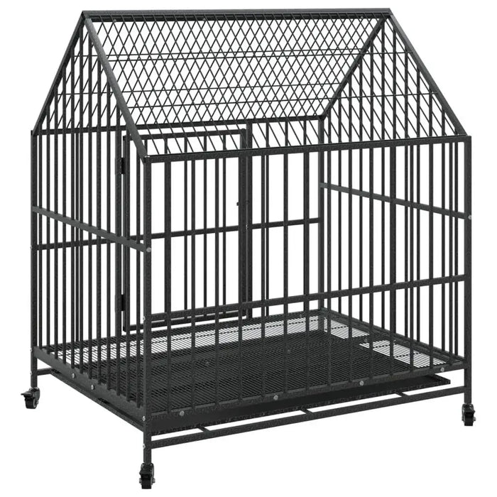Heavy duty steel dog cage with wheels, sloped roof, and mesh floor for indoor outdoor use