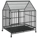 Heavy duty steel dog cage with wheels, sloped roof, and mesh floor for indoor outdoor use