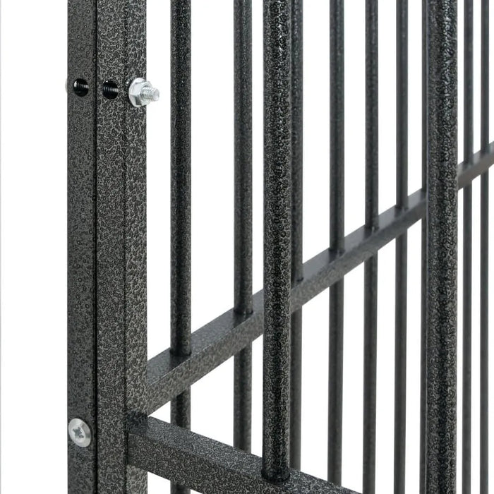 Close-up of heavy duty galvanized steel dog cage bars with bolts, indoor outdoor use