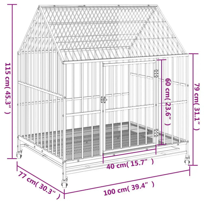 Heavy duty galvanized steel dog cage with wheels, house shape, detailed measurements displayed