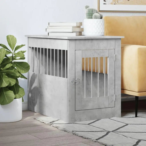 Concrete grey dog crate furniture as end table, books, plant, sofa, and rug in living room