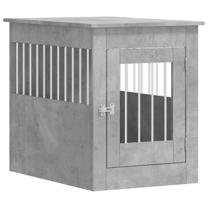 Concrete grey dog crate furniture with metal bars and end table design