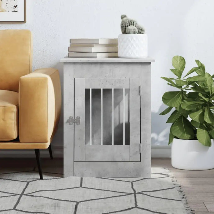 Concrete grey dog crate end table, books and potted plant, modern living room setting