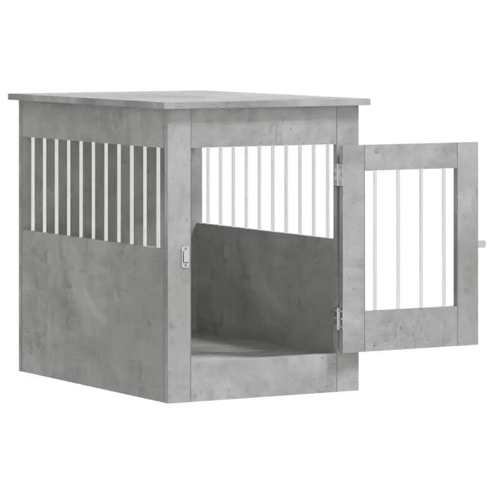 Concrete grey engineered wood dog crate furniture with open door and metal bars
