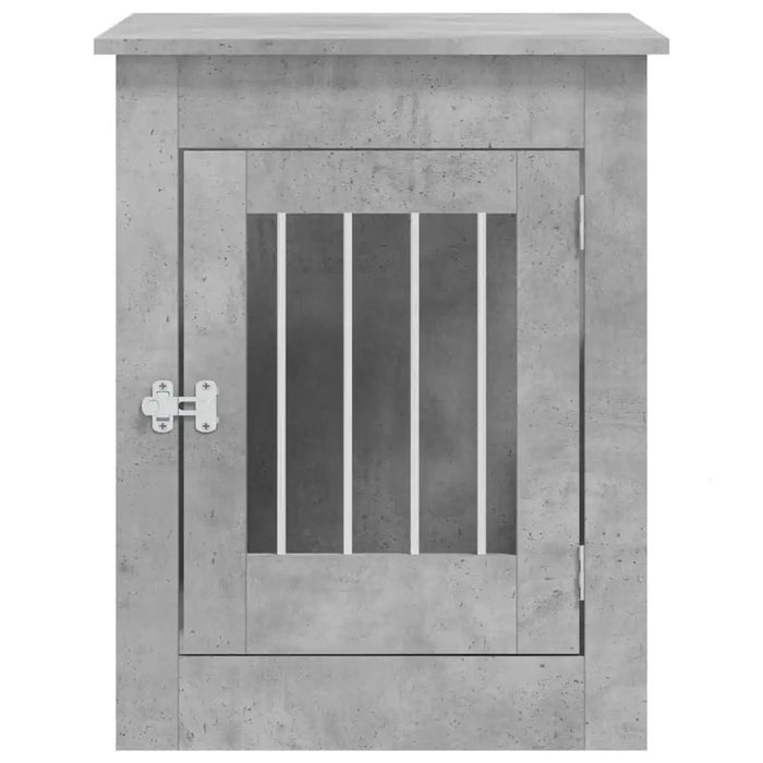 Concrete grey dog crate furniture pet cage with metal bars and latch, engineered wood