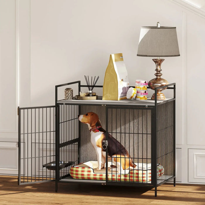 Dog Crate Furniture with Rotating Bowl Holder and 2 Bowls - Little and Giant Explorers PawHut