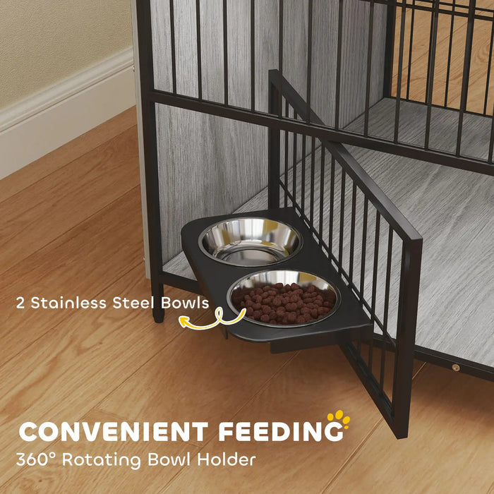 Dog Crate Furniture with Rotating Bowl Holder and 2 Bowls - Little and Giant Explorers PawHut