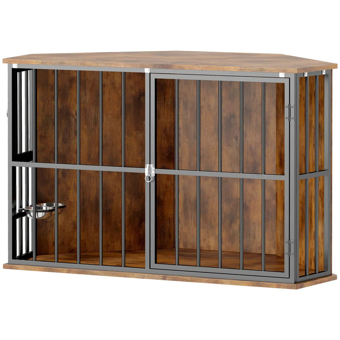 Corner Dog Crate Furniture with 2 Bowls for Small/Medium Dogs in Rustic Brown - Little and Giant Explorers PawHut