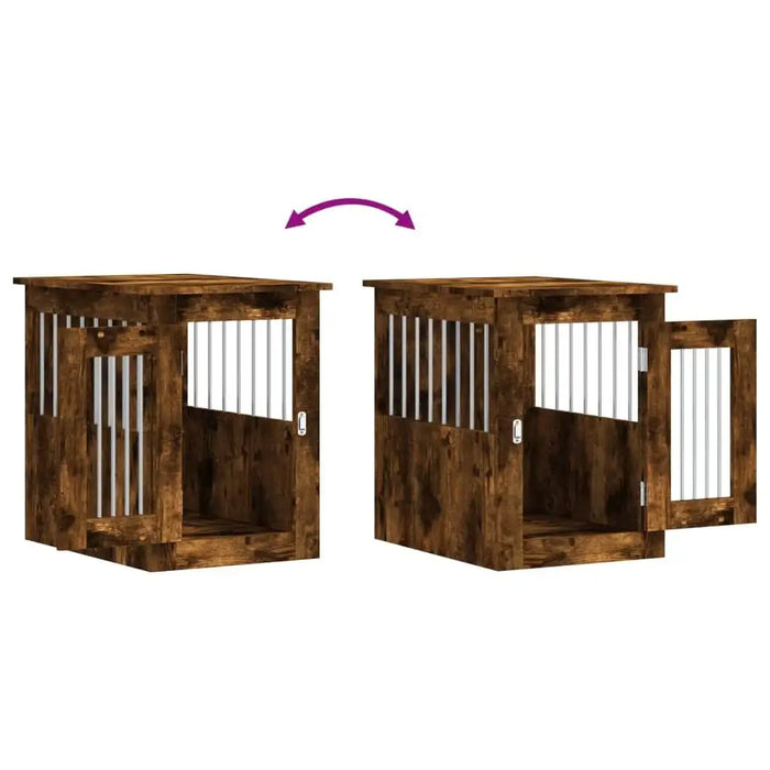 Smoked oak dog crate furniture with lockable door, 2-in-1 pet cage and side table