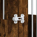 Close-up of lockable door latch on smoked oak dog crate furniture with metal bars