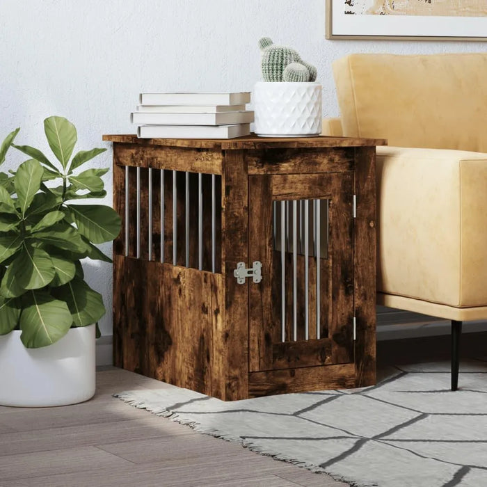 Smoked oak dog crate end table with metal bars, books, and plant in modern living room