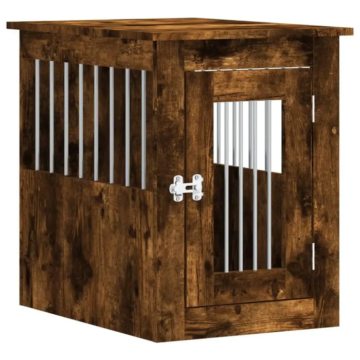 Smoked oak dog crate furniture with lockable door and metal bars, doubles as end table