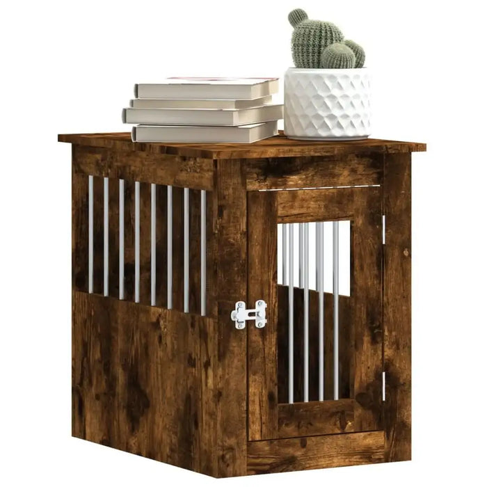 Smoked oak dog crate furniture end table with lockable door, stacked books, and plant decor