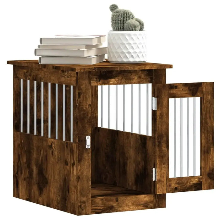 Smoked oak dog crate furniture side table with open lockable door, books, and plant on top